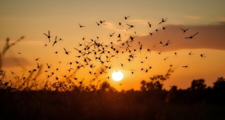 Sticker -  Nature's dance at sunset - A flock of birds silhouetted against the golden sky