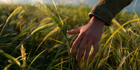 Wall Mural - a close up shot of a person's hand, touching grass, generative AI