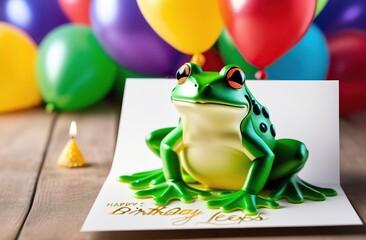 Wall Mural - Happy Birthday Leapers greeting card. February 29, Leap Day. Frog, Birthday cake and balloons