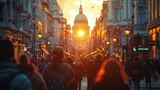 Fototapeta Londyn - People in London street bokeh at sunset