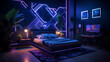 A futuristic bedroom with LED strips creating a geometric pattern on the dark blue wall and a bouquet of neon-colored flowers.
