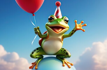 Wall Mural - A cute smiling frog with a festive cap on his head holds a balloon and floats in the sky. Birthday, Leap Day.