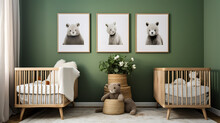 A Gender-neutral Nursery With Animal-themed Artwork On The Green Wall And A Bouquet Of Baby's Breath.