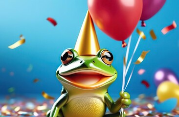 Wall Mural - A cute smiling frog with a festive cap on his head holds a balloon and floats in the sky. confetti, festive background. Concept happy Birthday Leapers greeting card 