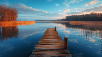 Wall Mural - tranquil spring time at a secluded lake with a wooden dock in the serenity of nature