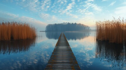 Wall Mural - tranquil spring time at a secluded lake with a wooden dock in the serenity of nature