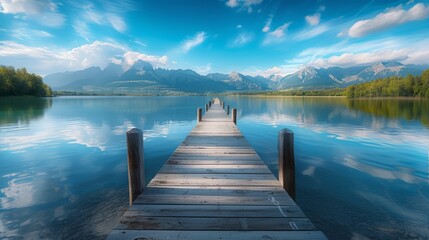 Wall Mural - tranquil spring time at a secluded lake with a wooden dock in the serenity of nature