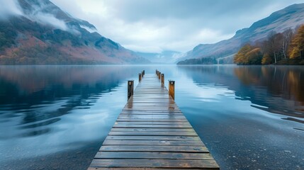 Wall Mural - tranquil spring time at a secluded lake with a wooden dock in the serenity of nature