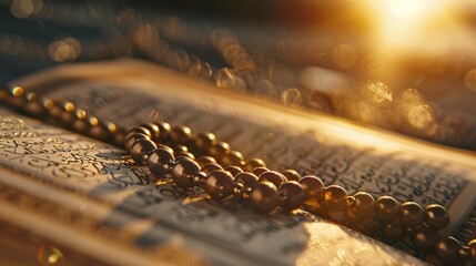 Prayer beads on top of the Quran with blurred light background.