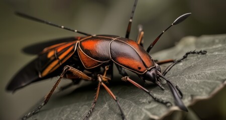 Wall Mural -  Close-up of a vibrant red and black bug with long antennae