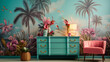 A tropical paradise bedroom with a palm tree mural on the teal wall and a bouquet of vibrant orchids on the dresser.