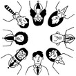 © jesadaphorn - Business people teamwork in circle, low angle view. Cute character illustration doodle style, diversity; multiethnic. Outline, thin line art, hand drawn sketch designe.