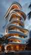 Futuristic building design concept with large windows and flowing curves