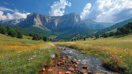 Wall Mural - Amazing mountain landscape with colorful vivid sunset on the cloudy sky, natural outdoor travel background.