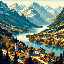 European Mountain Village At River View Postcard