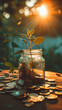 Plant growing in jar and many coins on the table with bright sunlight. The concept for business. Business background. 