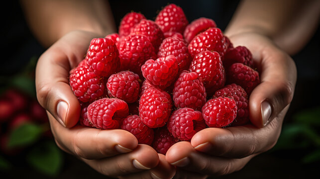 organic fresh raspberry fruit, holding fresh organic raspberry in worker's hands, close up raspberry