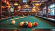 © Ibrar Artist - A pool table with green felt and a set of colorful balls in a game room with a dart board and a bar