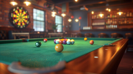 Wall Mural - A pool table with green felt and a set of colorful balls in a game room with a dart board and a bar