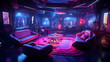 A futuristic gaming room with a gaming sofa set, neon lighting, and immersive virtual reality setups.