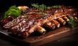 Grilled pork ribs with grilled sauce, with smoke, spices and rosemary