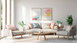 A Scandinavian-style sofa set with light gray fabric and wooden legs, set against a backdrop of white walls and pastel accents.