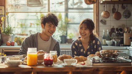 A happy couple shares an intimate moment over a homemade breakfast in a sunlit kitchen filled with warmth and affection.