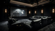 A sophisticated black leather sofa set arranged in a home theater room with plush seating, dimmable lighting, and a large projector screen.
