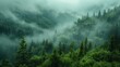 Misty mountain landscape with fir forest and copyspace in vintage retro hipster style