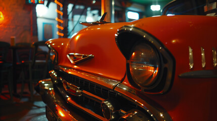 Poster - Closeup of vintage car displayed inside restaurant or bar