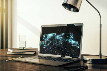 Wall Mural - abstract creative world map on modern laptop screen, international trading concept. 3d rendering