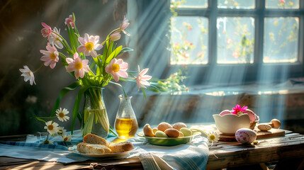 table with easter food - shining morning light and flowers