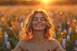 Backlit Portrait of Calm Happy Smiling Free Woman on a Green Field Background. Generative AI