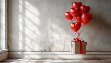 Aufkleber - Celebration Concept. Gift Boxes and Balloons in Shape of Heart extreme closeup. Generative AI