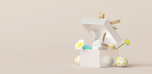 Wall Mural - Happy Easter day, Bunny in gift box with eggs. 3d rendering