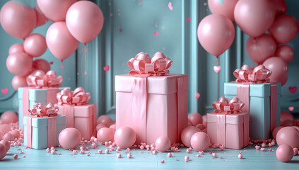Aufkleber - Celebration Concept. Pink Gift Boxes and Balloons extreme closeup. Generative AI