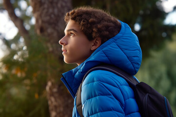 Wall Mural - a handsome young man in profile in nature, a teenage boy in a blue puffer jacket & creme hoodie photographed as he looks out into the distance from his vantage point in amongst natural green foliage