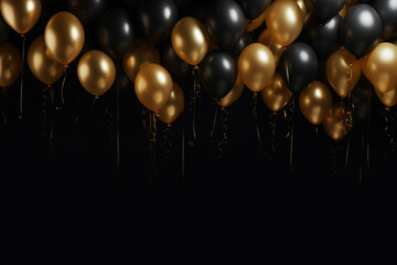 Wall Mural - a large number of gold balloons on a black background. matte, shiny and transparent balloons