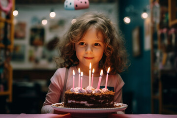 Wall Mural - a little girl blows out the candles on a birthday cake