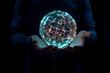 a man holds a globe that connects a network of information forwarding to the world, quick and easy forwarding information.and network connection a black background