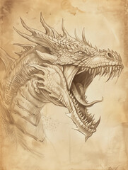 Wall Mural - Pencil sketch of a roaring dragon on paper