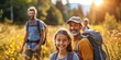 © AI Visual Vault - Family Adventure Hike in Golden Hour.Smiling family trekking in sunlit nature.