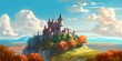 landscape of a medieval fantasy fortified castle and knights with colorful trees under a vast blue sky