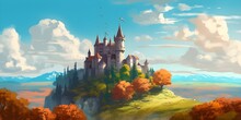 Landscape Of A Medieval Fantasy Fortified Castle And Knights With Colorful Trees Under A Vast Blue Sky
