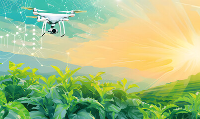 Sticker - drone flying on farmland at sunrise background