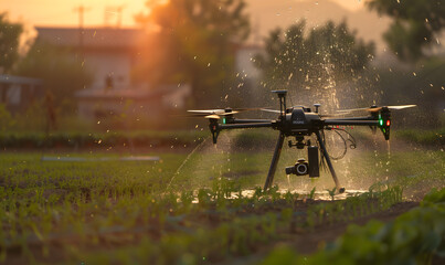 Sticker - Smart farm drone flying spray Modern technologies in agriculture. industrial drone flies over green field and sprays useful pesticides to increase productivity destroys harmful insects.