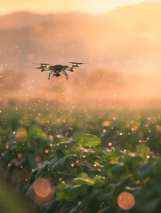 Sticker - Smart farm drone flying spray Modern technologies in agriculture. industrial drone flies over green field and sprays useful pesticides to increase productivity destroys harmful insects.