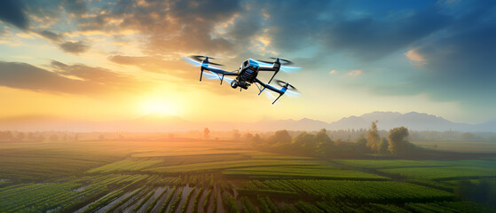 Sticker - drone flying on farmland at sunrise background