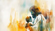 Watercolor illustration of Jesus Christ holding a child in his arms. Watercolor painting