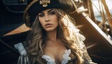 A woman in a pirate costume posing on a boat